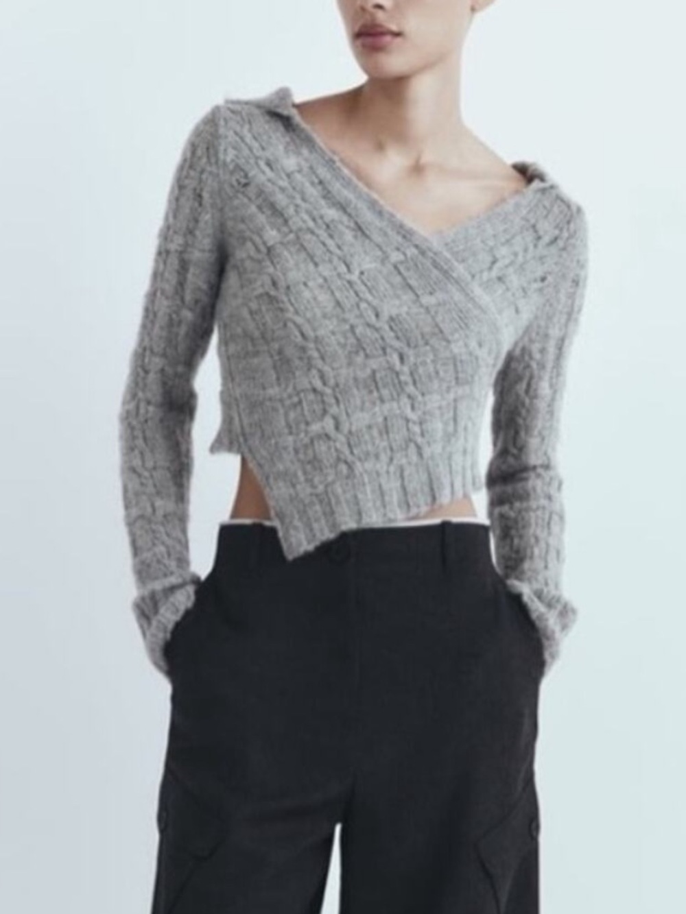 Zara Gray Cable-Knit V-Neck Hooded Sweater